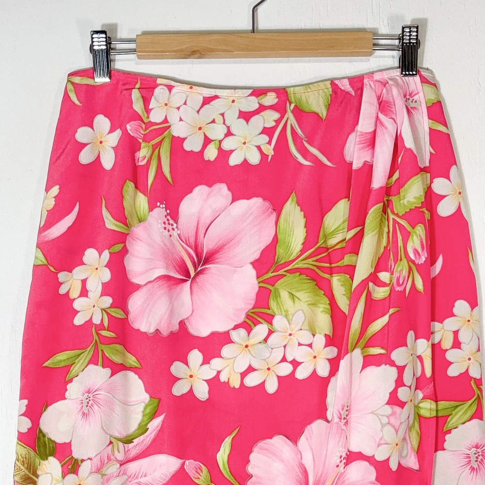 VTG 90s Talbots Pure Silk Skirt Womens 10P Pink Floral Midi Wrap Style Tropical